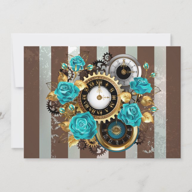 Steampunk Clock and Turquoise Roses on Striped Note Card (Front)
