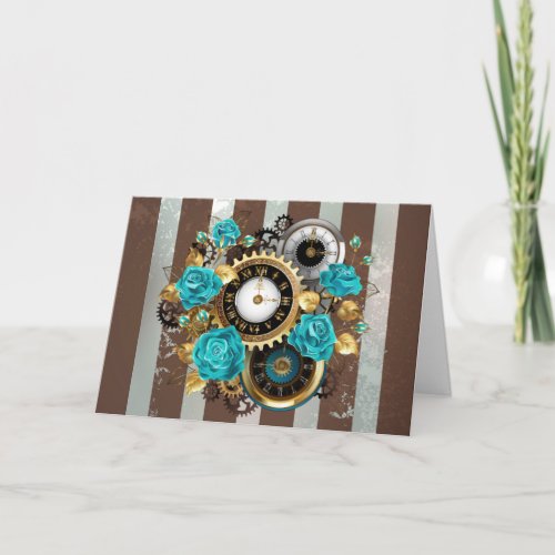 Steampunk Clock and Turquoise Roses on Striped Note Card