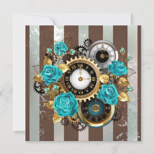 Steampunk Clock and Turquoise Roses on Striped Note Card