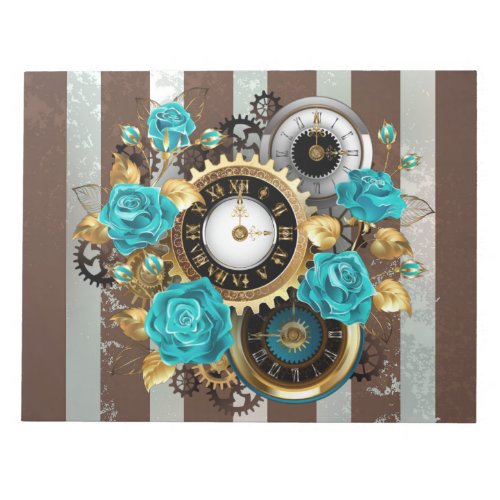 Steampunk Clock and Turquoise Roses on Striped Notepad