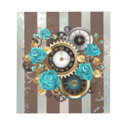 Steampunk Clock and Turquoise Roses on Striped Notepad