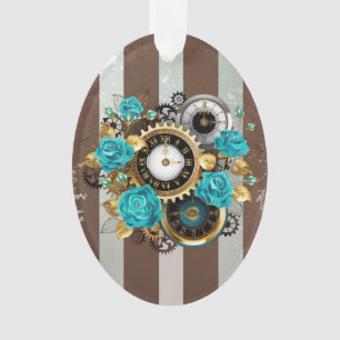 Steampunk Clock and Turquoise Roses on Striped Ornament