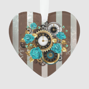 Steampunk Clock and Turquoise Roses on Striped Ornament