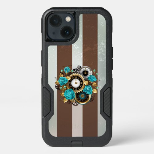 Steampunk Clock and Turquoise Roses on Striped iPhone 13 Case