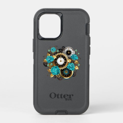 Steampunk Clock and Turquoise Roses on Striped OtterBox Defender iPhone 12 Mini Case