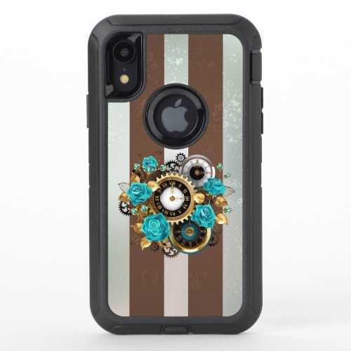 Steampunk Clock and Turquoise Roses on Striped OtterBox Defender iPhone XR Case