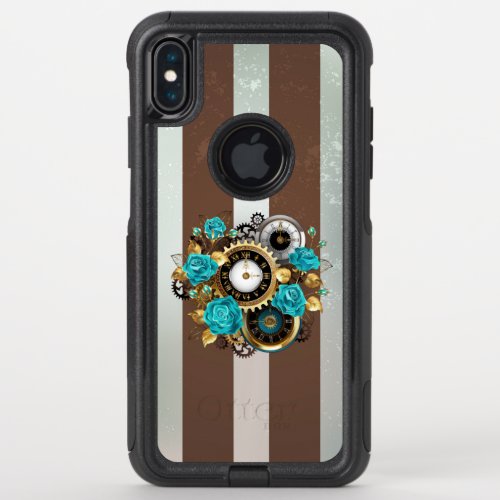 Steampunk Clock and Turquoise Roses on Striped OtterBox Commuter iPhone XS Max Case