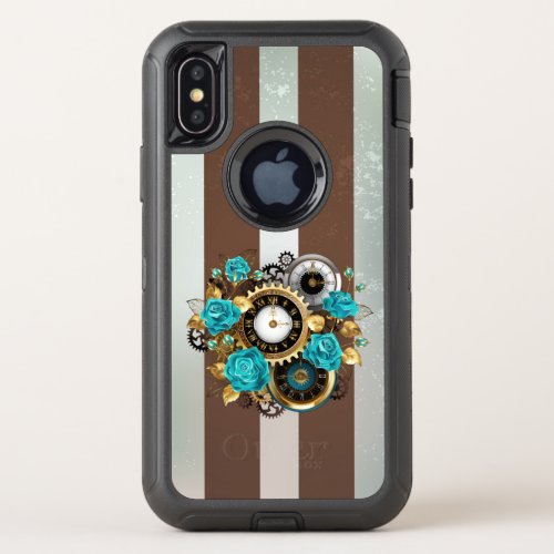 Steampunk Clock and Turquoise Roses on Striped OtterBox Defender iPhone X Case