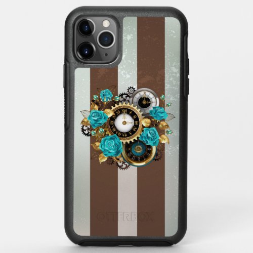 Steampunk Clock and Turquoise Roses on Striped OtterBox Symmetry iPhone 11 Pro Max Case