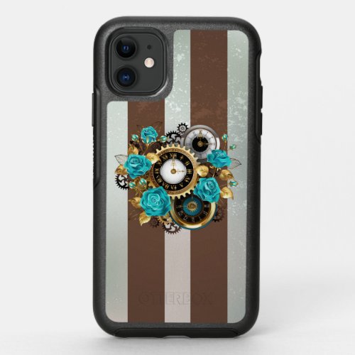 Steampunk Clock and Turquoise Roses on Striped OtterBox Symmetry iPhone 11 Case