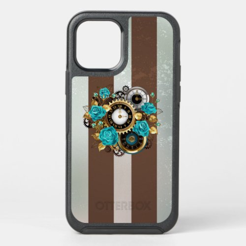 Steampunk Clock and Turquoise Roses on Striped OtterBox Symmetry iPhone 12 Case