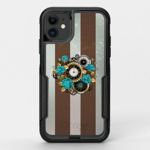 Steampunk Clock and Turquoise Roses on Striped OtterBox Commuter iPhone 11 Case