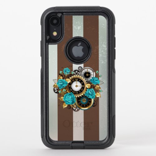 Steampunk Clock and Turquoise Roses on Striped OtterBox Commuter iPhone XR Case