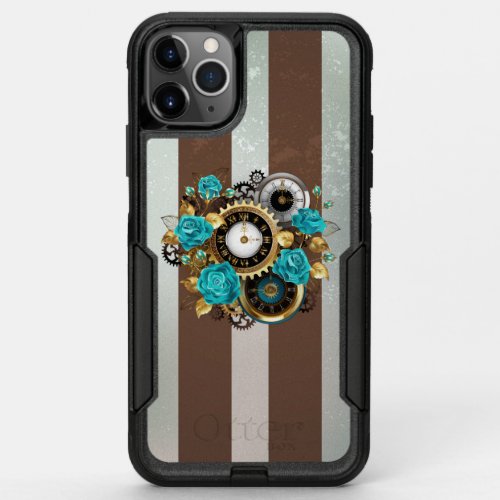 Steampunk Clock and Turquoise Roses on Striped OtterBox Commuter iPhone 11 Pro Max Case