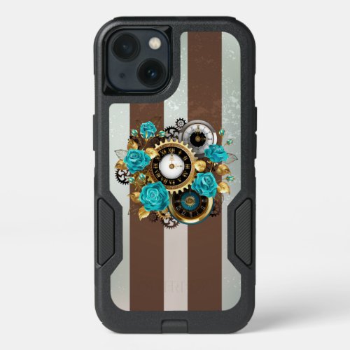 Steampunk Clock and Turquoise Roses on Striped iPhone 13 Case