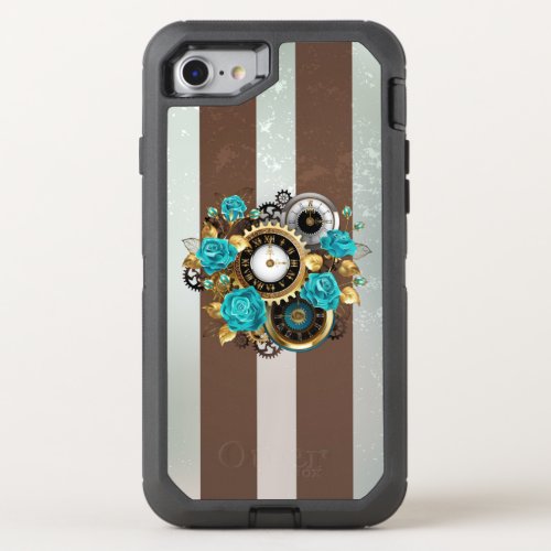Steampunk Clock and Turquoise Roses on Striped OtterBox Defender iPhone SE87 Case