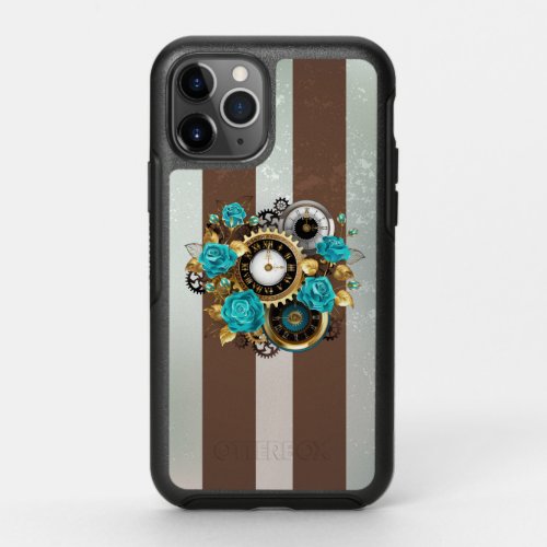 Steampunk Clock and Turquoise Roses on Striped OtterBox Symmetry iPhone 11 Pro Case