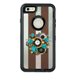 Steampunk Clock and Turquoise Roses on Striped OtterBox Defender iPhone Case