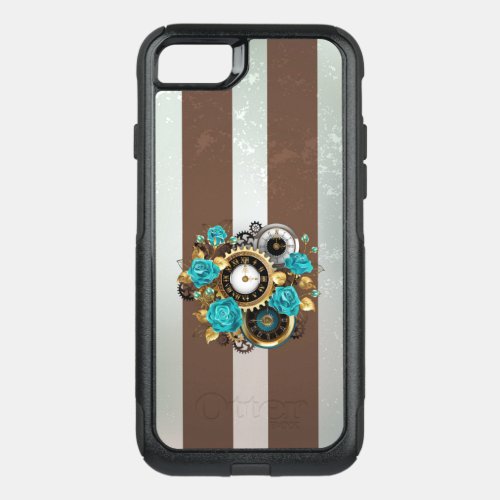 Steampunk Clock and Turquoise Roses on Striped OtterBox Commuter iPhone SE87 Case
