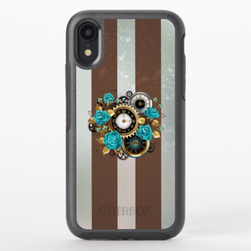 Steampunk Clock and Turquoise Roses on Striped OtterBox Symmetry iPhone XR Case