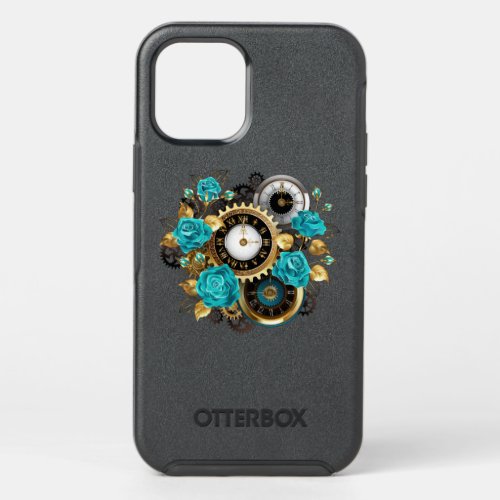 Steampunk Clock and Turquoise Roses on Striped OtterBox Symmetry iPhone 12 Pro Case