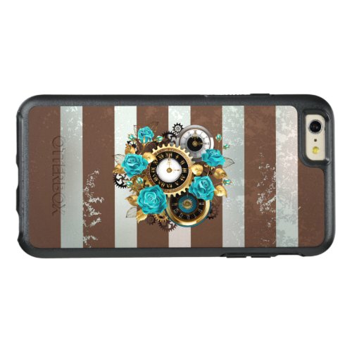 Steampunk Clock and Turquoise Roses on Striped OtterBox iPhone 66s Plus Case