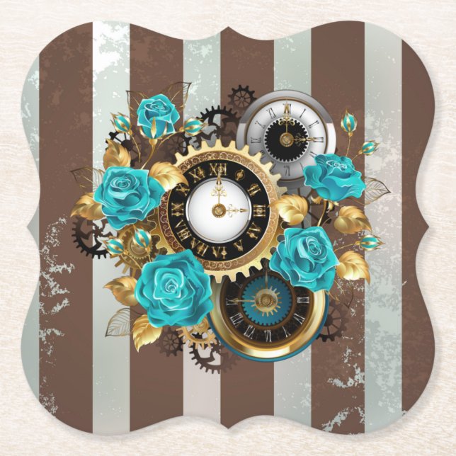Steampunk Clock and Turquoise Roses on Striped Paper Coaster (Front)