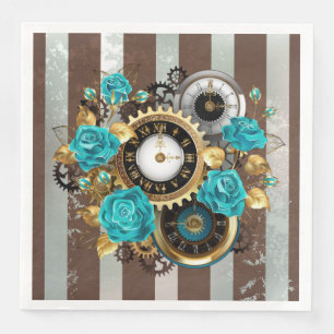 Steampunk Clock and Turquoise Roses on Striped Paper Dinner Napkins