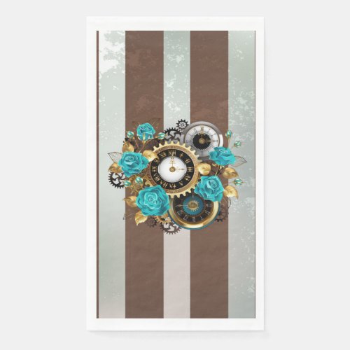 Steampunk Clock and Turquoise Roses on Striped Paper Guest Towels