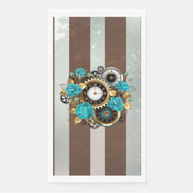 Steampunk Clock and Turquoise Roses on Striped Paper Guest Towels (Front)