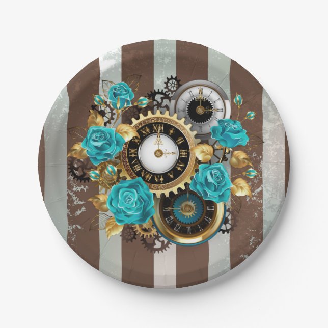 Steampunk Clock and Turquoise Roses on Striped Paper Plates (Front)