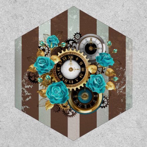 Steampunk Clock and Turquoise Roses on Striped Patch