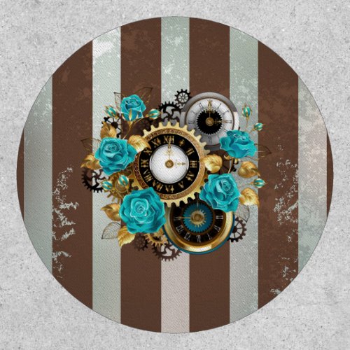 Steampunk Clock and Turquoise Roses on Striped Patch