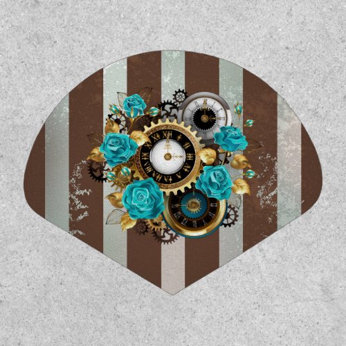 Steampunk Clock and Turquoise Roses on Striped Patch