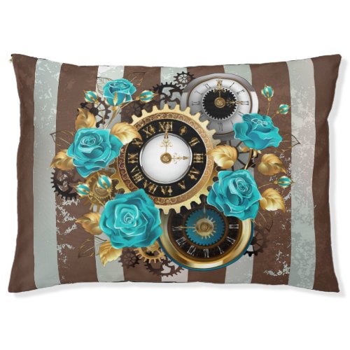 Steampunk Clock and Turquoise Roses on Striped Pet Bed