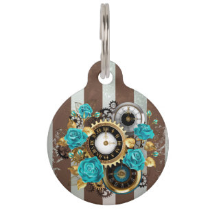 Steampunk Clock and Turquoise Roses on Striped  Pet ID Tag