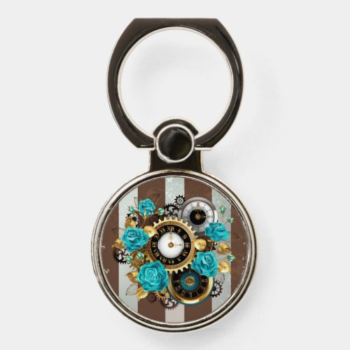 Steampunk Clock and Turquoise Roses on Striped Phone Ring Stand