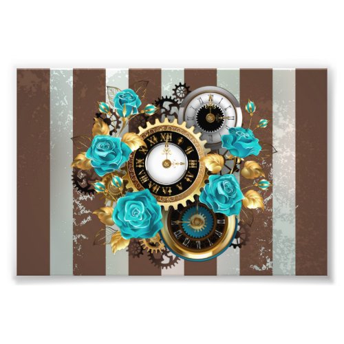 Steampunk Clock and Turquoise Roses on Striped Photo Print