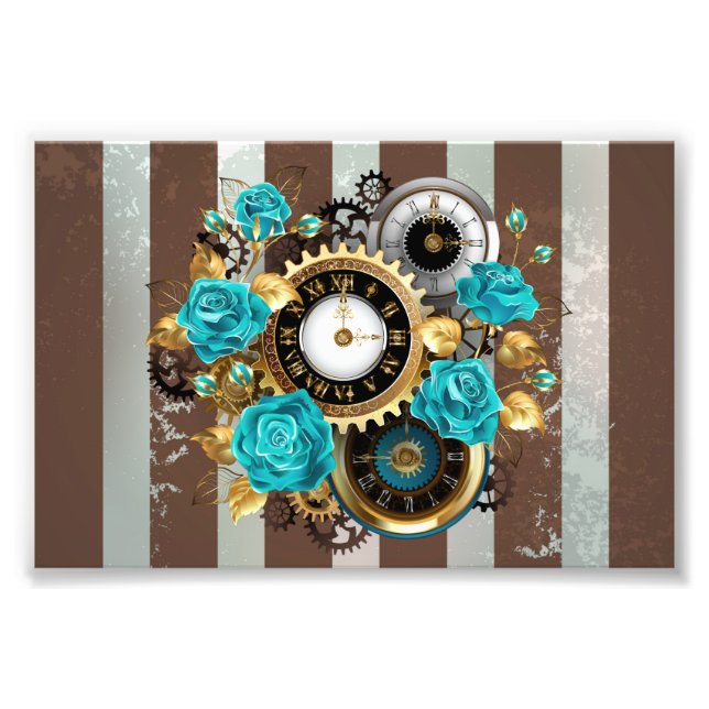 Steampunk Clock and Turquoise Roses on Striped Photo Print (Front)