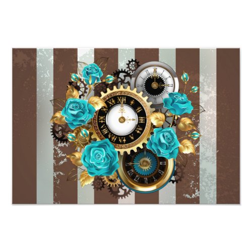 Steampunk Clock and Turquoise Roses on Striped Photo Print