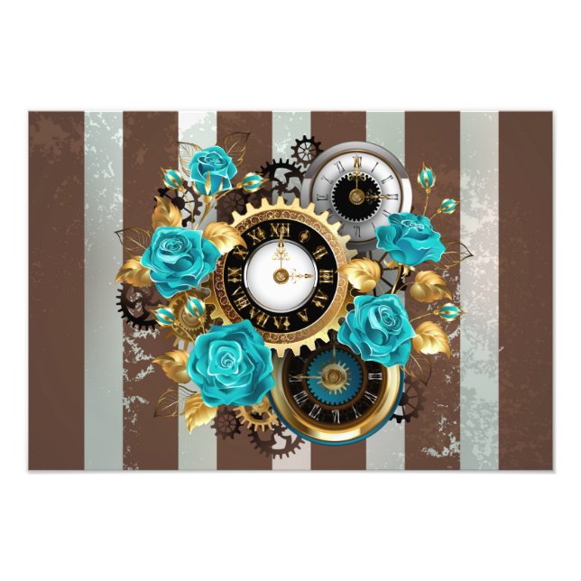 Steampunk Clock and Turquoise Roses on Striped Photo Print (Front)