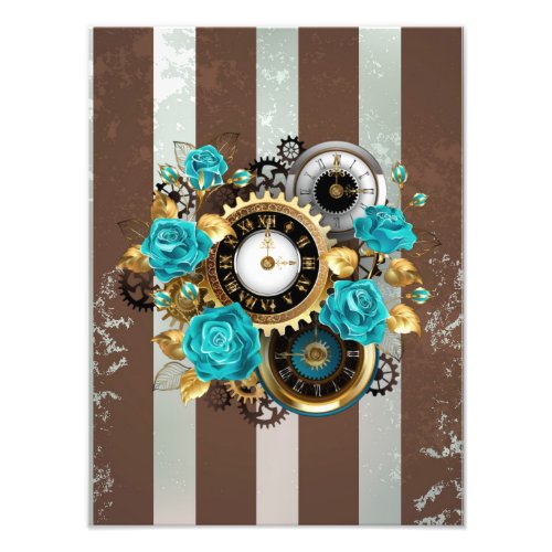 Steampunk Clock and Turquoise Roses on Striped Photo Print