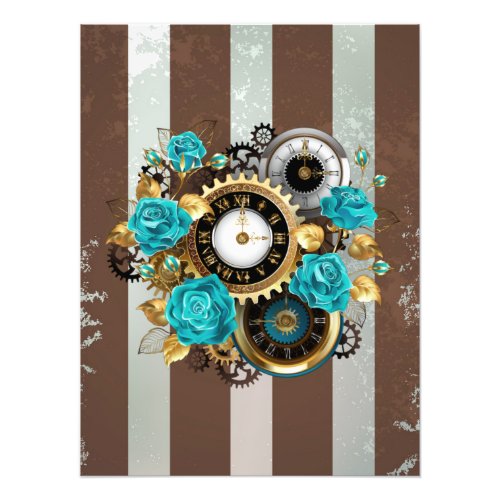 Steampunk Clock and Turquoise Roses on Striped Photo Print