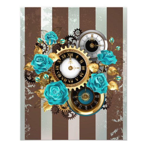 Steampunk Clock and Turquoise Roses on Striped Photo Print