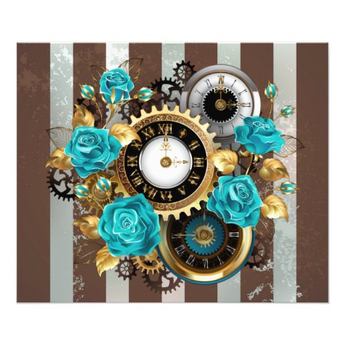 Steampunk Clock and Turquoise Roses on Striped Photo Print