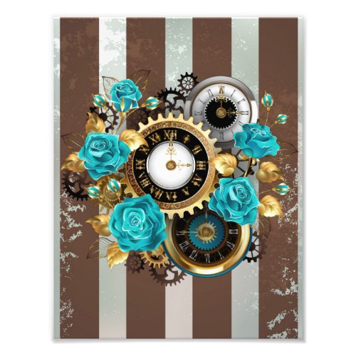 Steampunk Clock and Turquoise Roses on Striped Photo Print