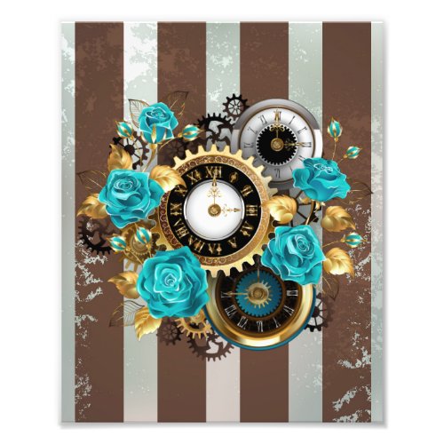 Steampunk Clock and Turquoise Roses on Striped Photo Print