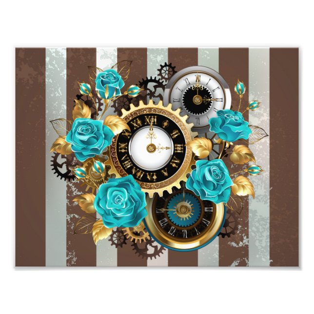 Steampunk Clock and Turquoise Roses on Striped Photo Print (Front)