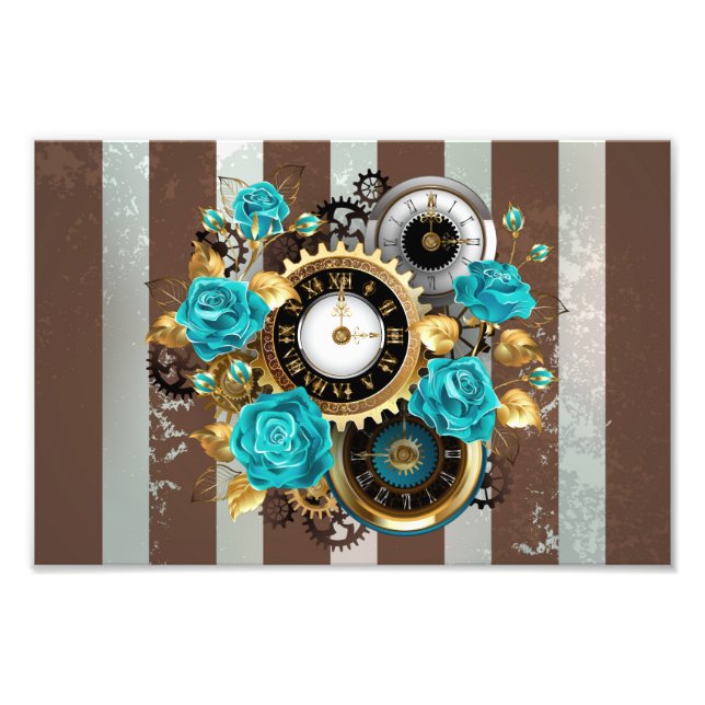 Steampunk Clock and Turquoise Roses on Striped Photo Print (Front)