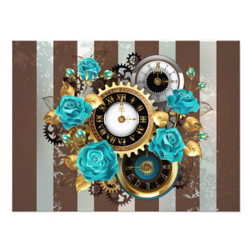 Steampunk Clock and Turquoise Roses on Striped Photo Print